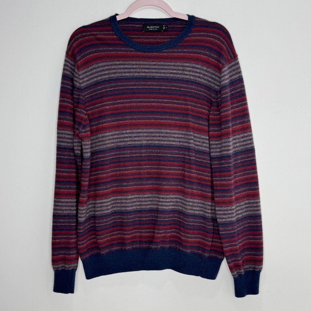 Bugatchi Wool Cashmere Sweater Men’s L Maroon Striped Crewneck Knit Italy